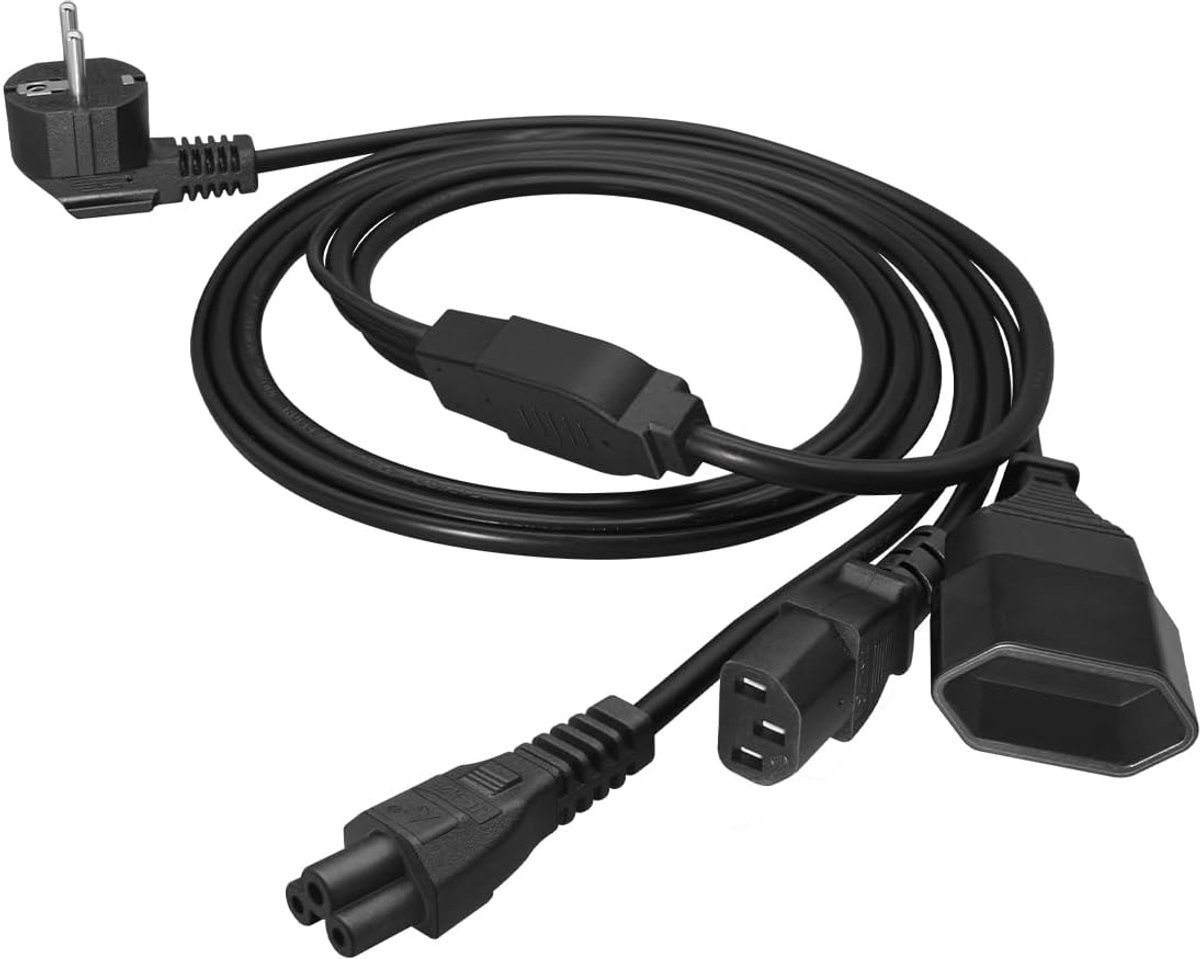 German European Schuko 1-to-3 socket distributor extension cable, Euro-Schuko corner plug to C13+C5+EU4.0 couplings - ShopVlot