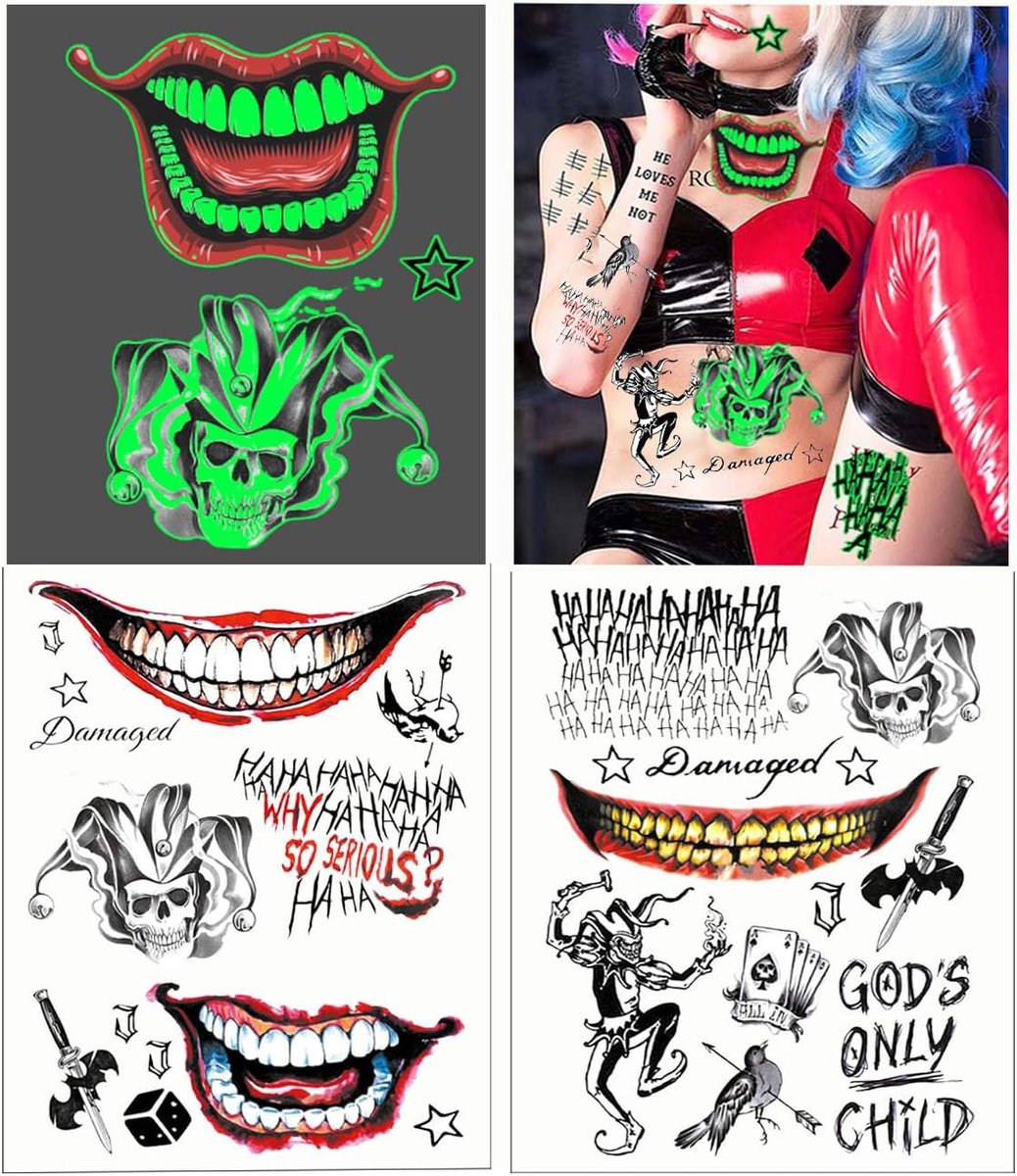 3 Sheets 3D Jo-ker Tattoos, Carnival, Clown Makeup Set, Jo-ker Makeup, Jo-ker Costume, Tattoo Halloween for Men and - ShopVlot