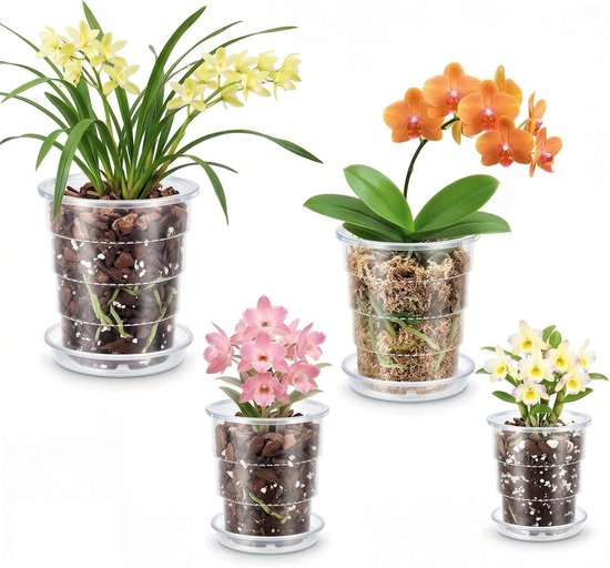 Set van 4 Transparante Orchidee Potten met Schotels, 10 cm, 12 cm, 14 cm, 16 cm - Ideaal voor Herpotten, Binnen- en Buitengebruik, Met Afvoergaten