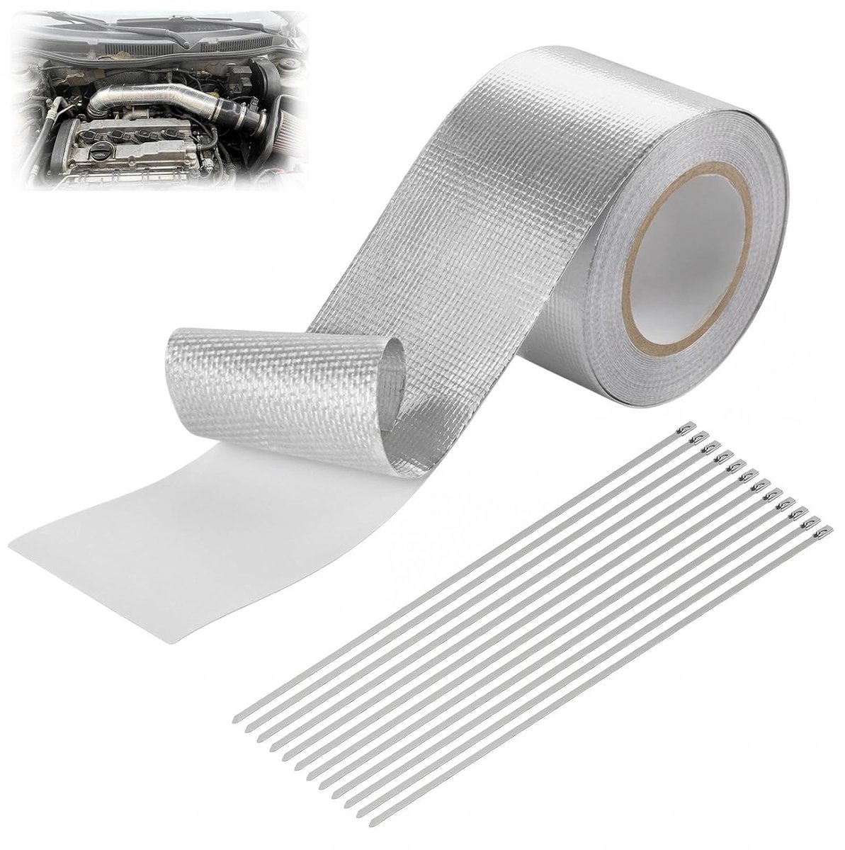 Aluminium tape 10m x 5cm - warmtebestendig - inclusief 12 slangenbanden - ideaal voor auto-inlaatslangen - ShopVlot