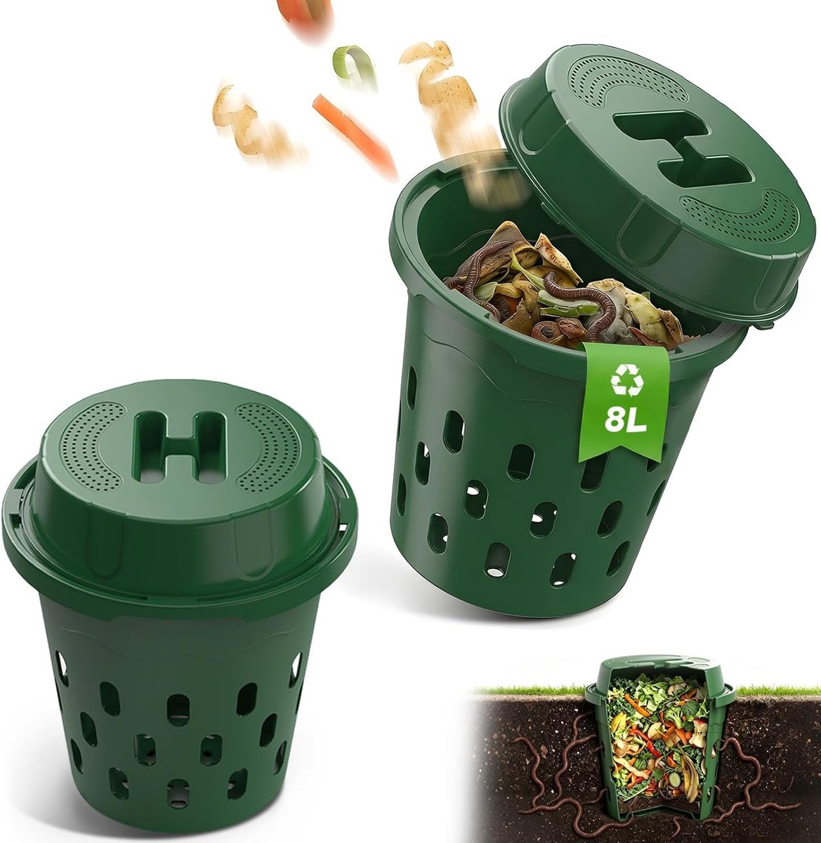 Set van 2 Compostbakken van 8 Liter met Deksel, Ventilatieopeningen voor Organisch Afval, Ideaal voor Tuinverbetering en Plantenverzorging