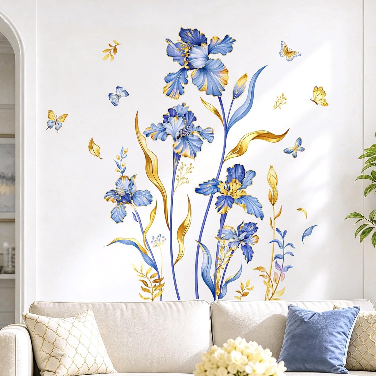 Muursticker bloemen blauw - grote iris met gouden bladeren - elegante wanddecoratie voor woonkamer - ShopVlot