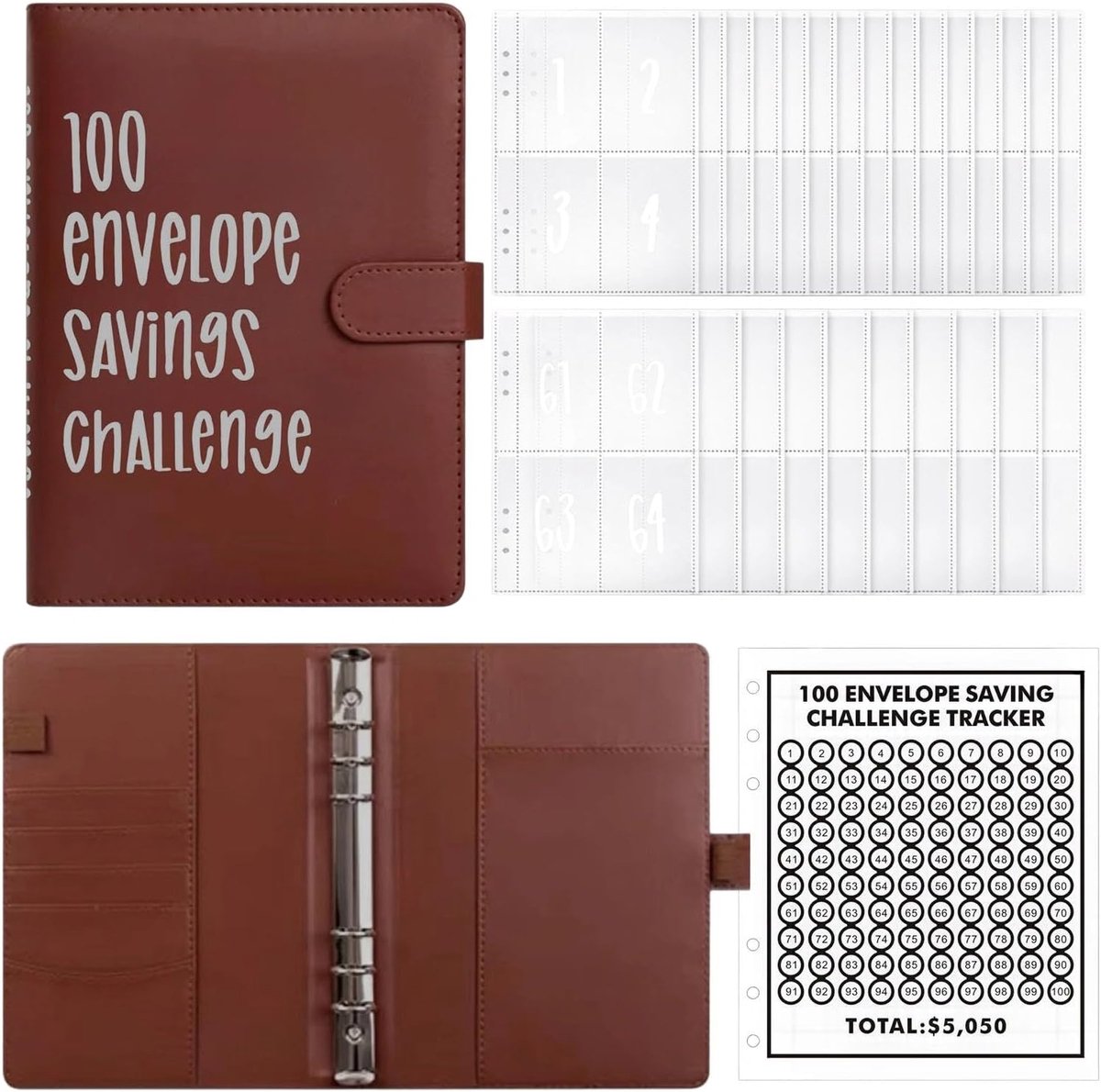 A5 Budget Planner - Bruin Faux Leer - 100 Enveloppen - Perfect voor Geldbesparing - ShopVlot