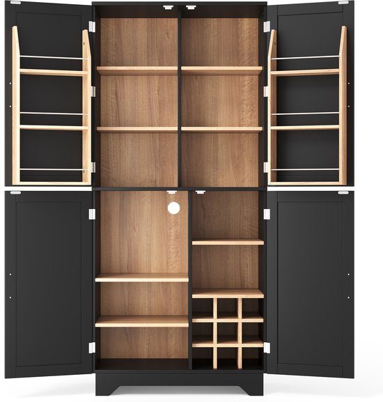 Zwarte keukenkast met open deuren, met houten planken en een wijnrek.