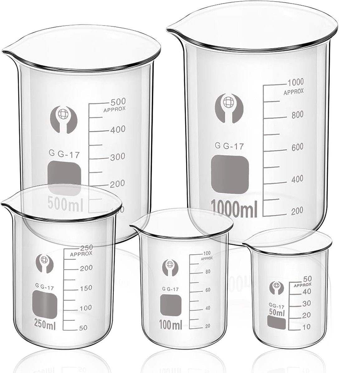 Glazen maatbekerset 5-delig - borosilicaatglas - hittebestendig - voor laboratoria en klaslokalen - ShopVlot