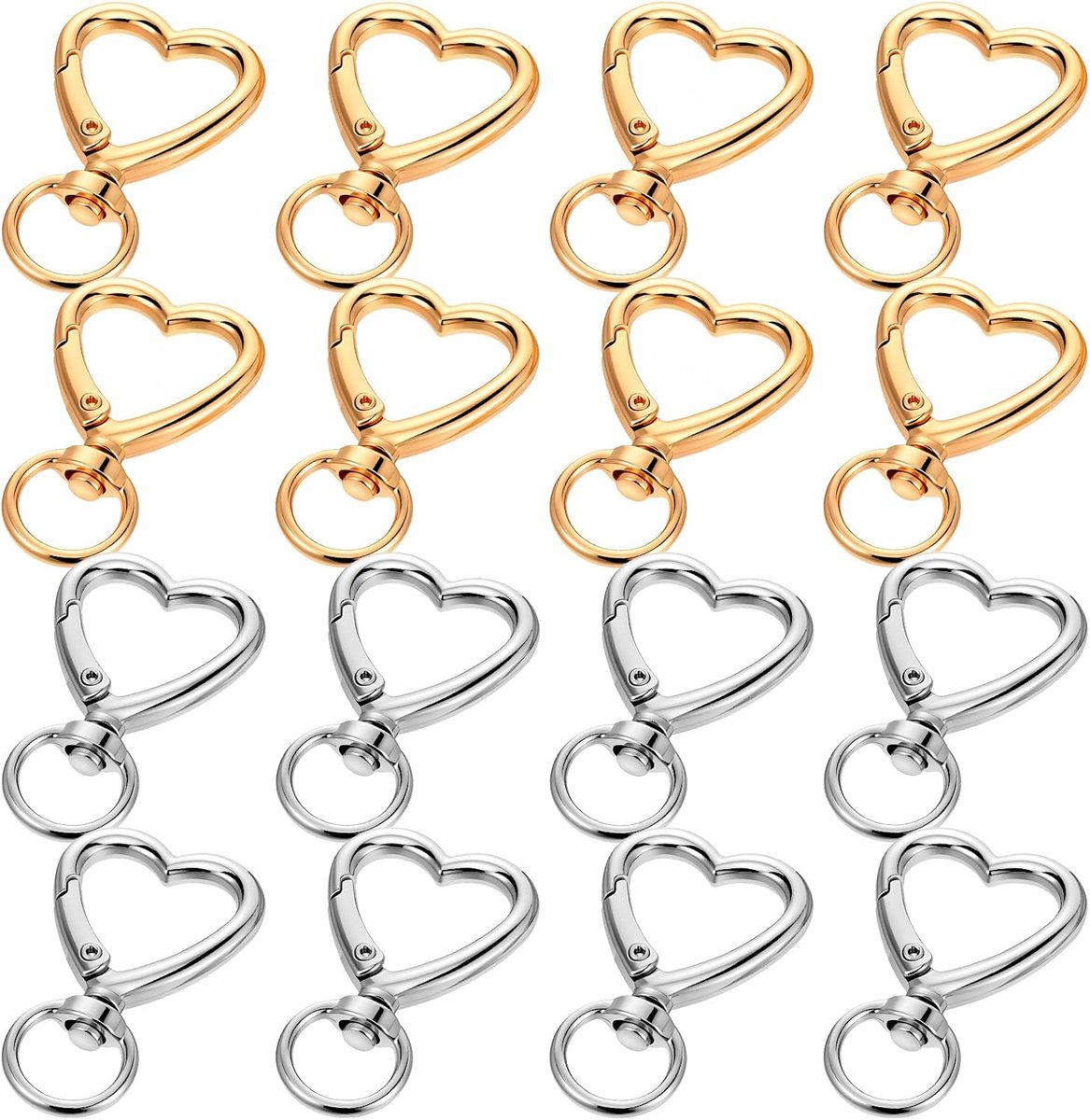 Karabijnhaak sleutelhanger hart 16 stuks - goud en zilver - robuuste zinklegering - perfect voor sleutels - ShopVlot