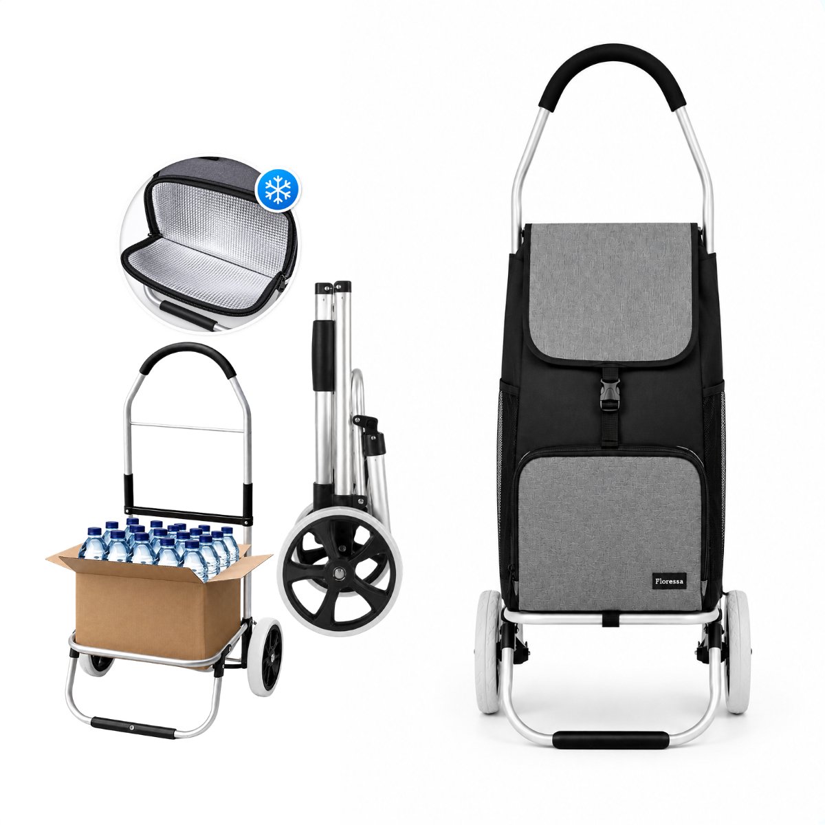Floressa Boodschappentrolley 45L – Met Koelvak & Steekwagenfunctie – Inklapbaar – Draagkracht 45 kg – Stille PU Wielen – Zwart/Grijs