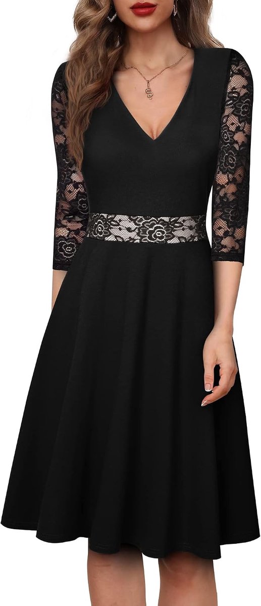 HOMEYEE Elegant cocktail dress A345 with V-neck and 3/4 sleeves, lace swing, vintage party dress - ShopVlot