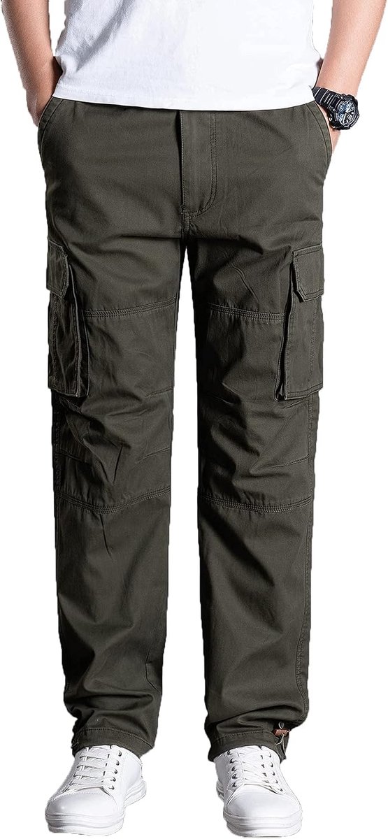 Olmecs Elastic Cotton Straight Cargo Pants For Men With Pockets, Spring/Autumn, Army Green, XL - ShopVlot