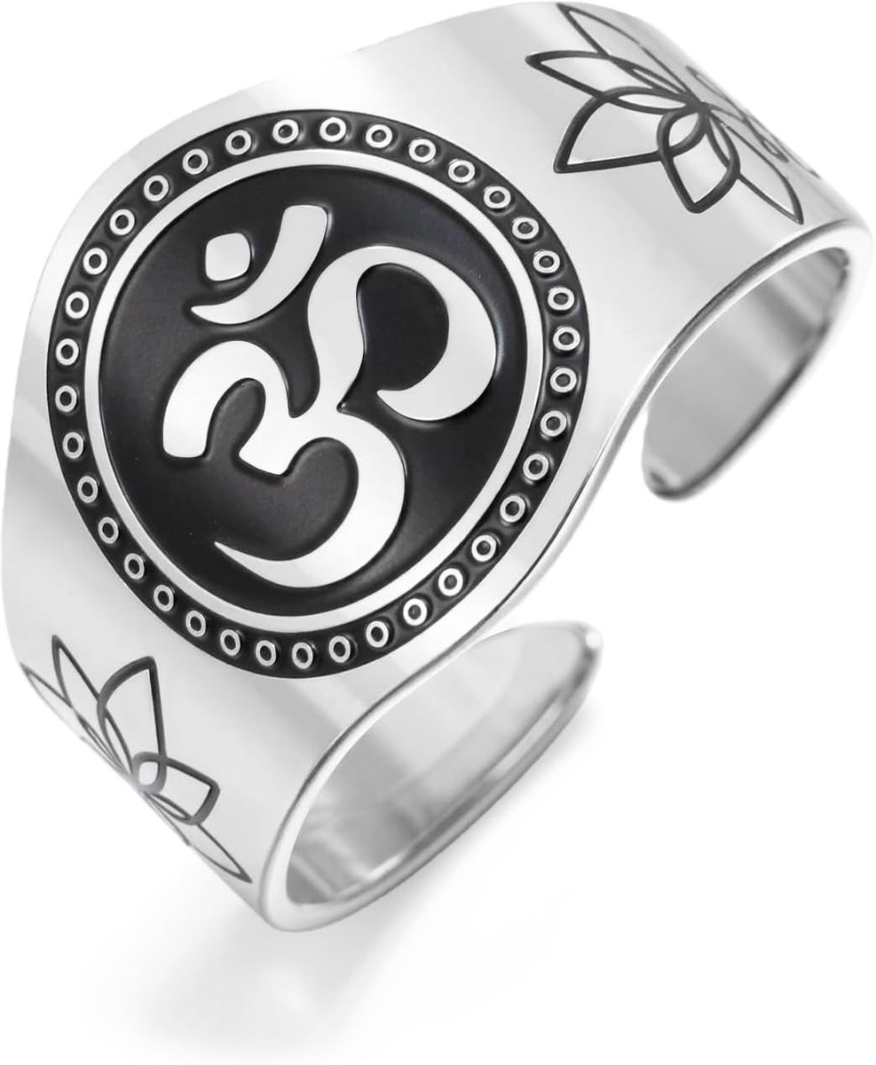 LIKGREAT OM symbool lotusring met sanskriet roestvrij staal verstelbare open ring yoga meditatie spirituele sieraden - ShopVlot