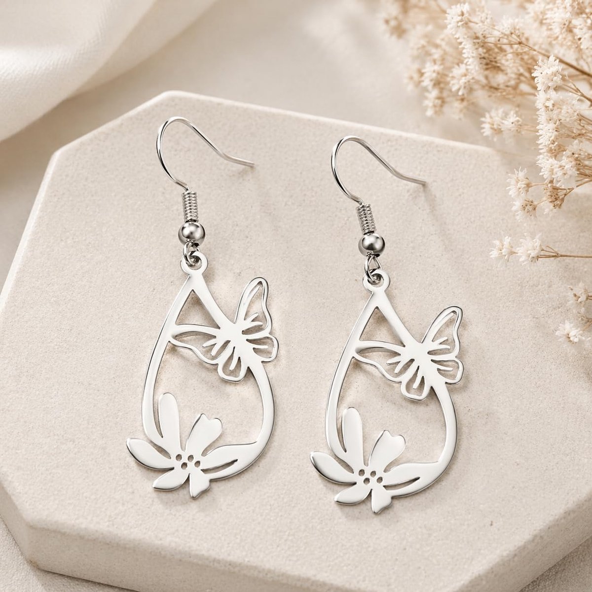 Florale druppel vlinder hangoorbellen roestvrij staal holle sieraden dames natuurliefhebbers Moederdag verjaardag - ShopVlot