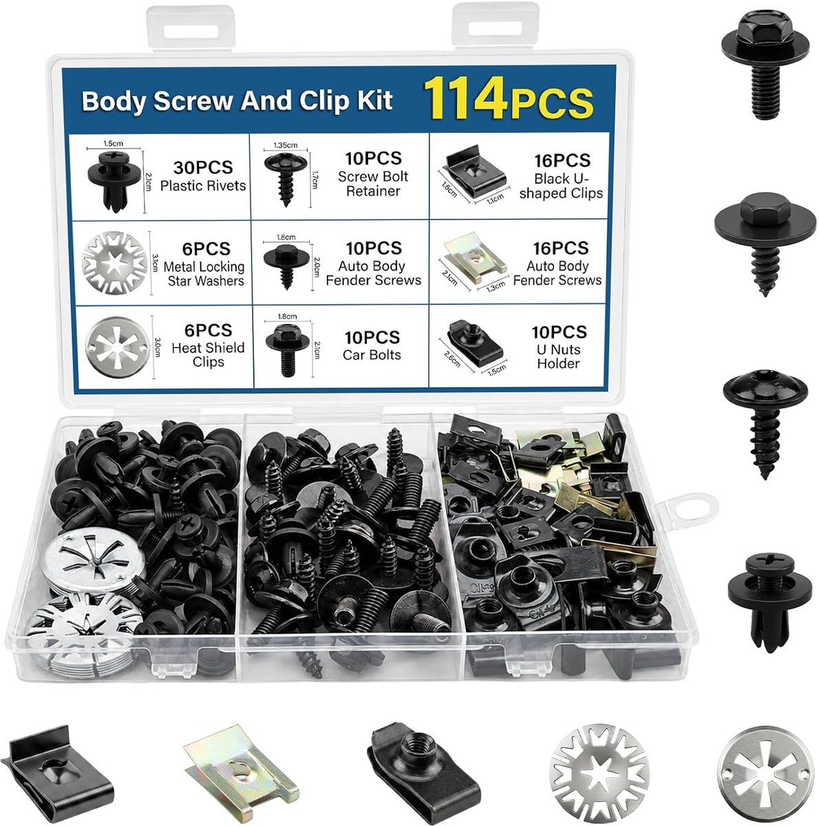 Carrosserieschroeven clips set 114 stuks - Metalen U-type bevestigingsclips - Inclusief klemschijven - ShopVlot