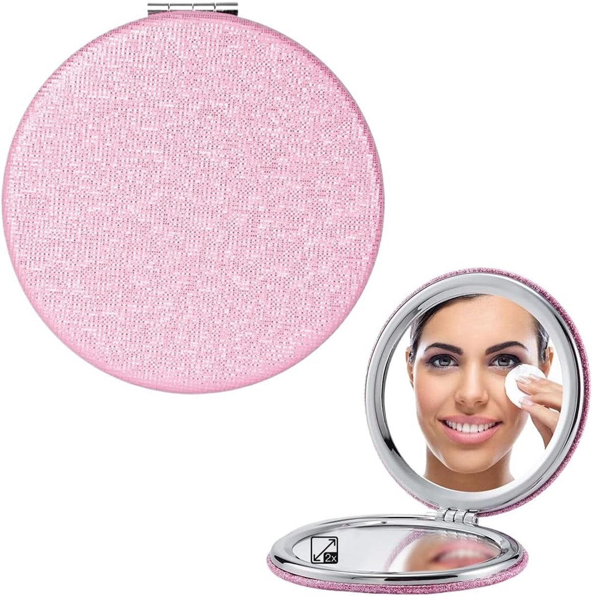 Pocket Spiegel 72mm - Roze Glitter - Dubbelzijdige Vergroting - Ideaal voor Make-up - ShopVlot