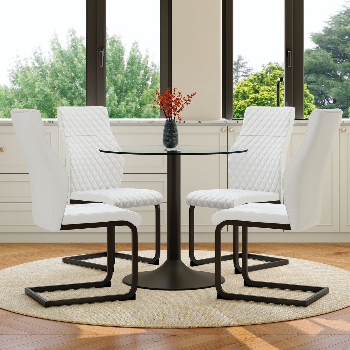 COVREO Eettafelset 85 cm zwart transparant met 4 stoelen, metalen frame