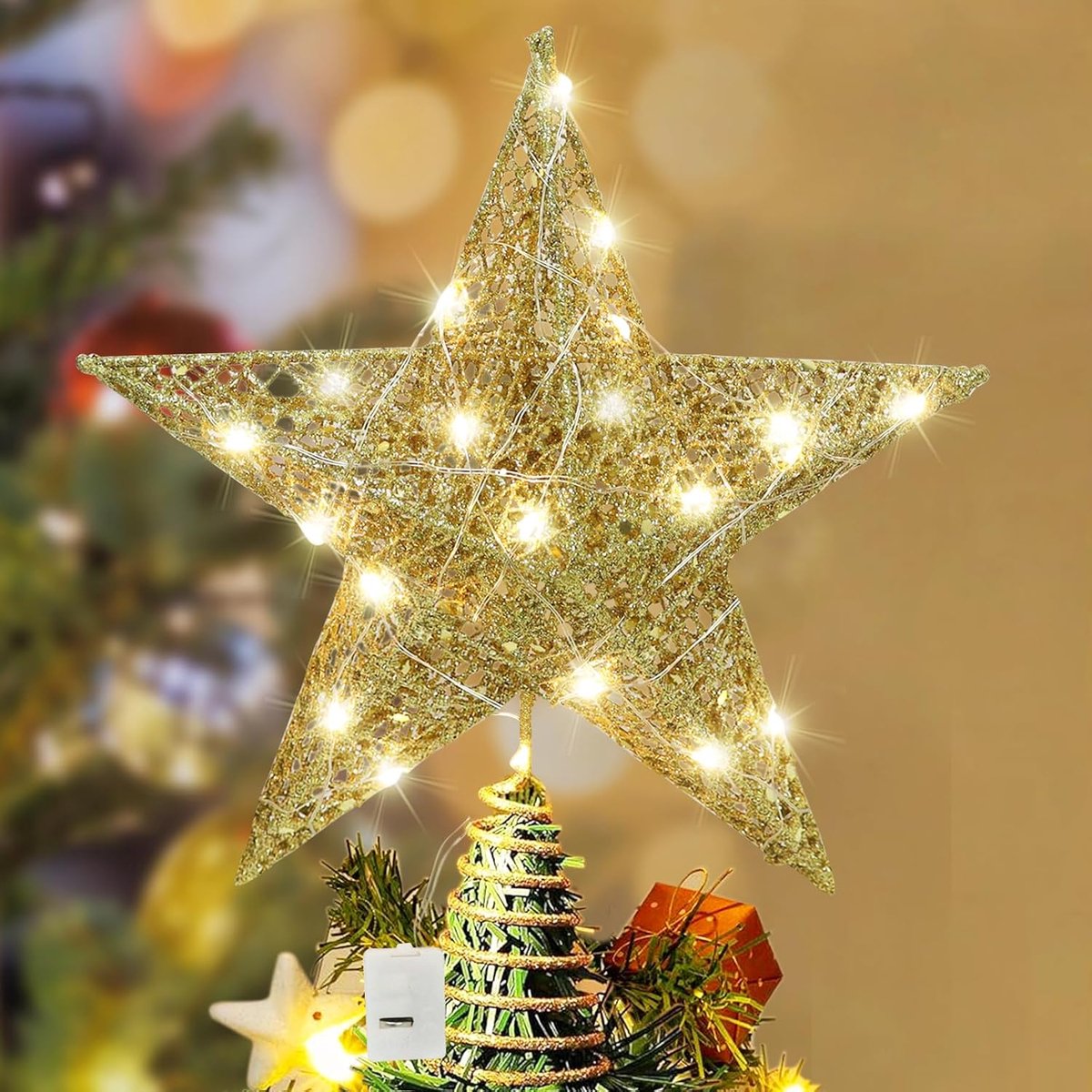 Kerstboomtopper Ster LED Licht - Gouden Ster - Glitterdecoratie - Creëer een feestelijke sfeer - ShopVlot