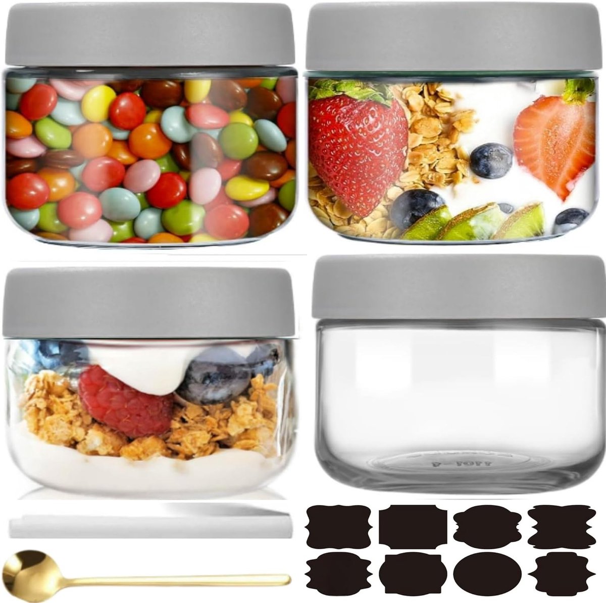 Set van 4 Herbruikbare Glazen Jars van 300ml voor Overnight Oats, Salades, Yoghurt en Jam met Schroefdeksel