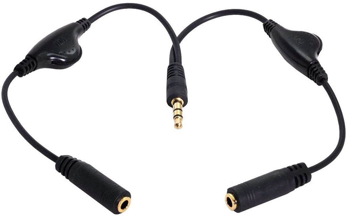 Y-splitter audio kabel 3.5mm - stereo mannelijke naar dubbele vrouwelijke - met volumeregelaar - ShopVlot