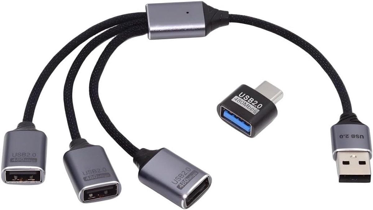USB 2.0 splitter kabel 1 naar 3 - 26cm - met USB type C adapter - voor gelijktijdig gebruik van apparaten - ShopVlot