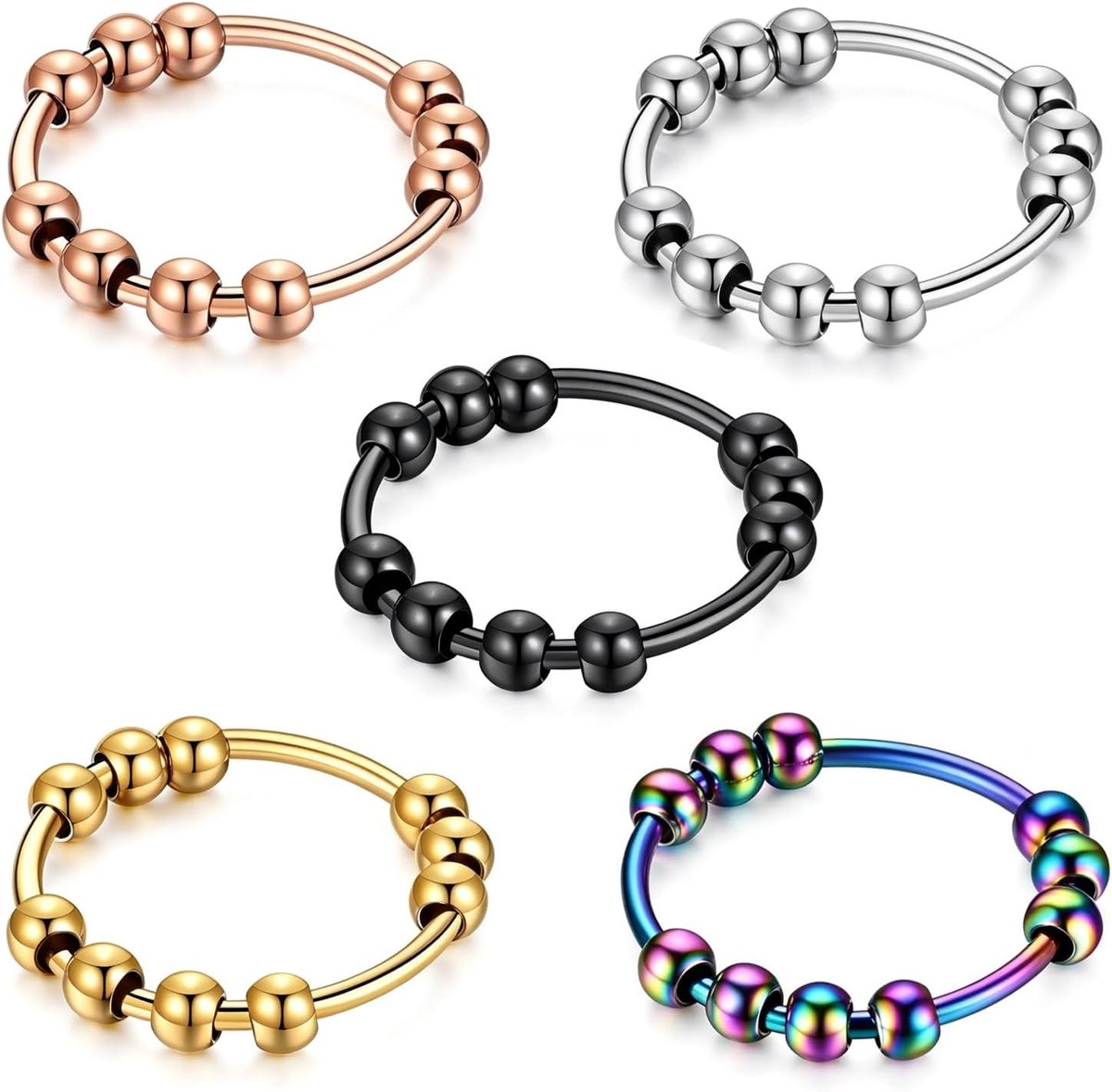 Anti-stress-ringenset - 5 stuks - roestvrij staal - verlichting van angst - ShopVlot