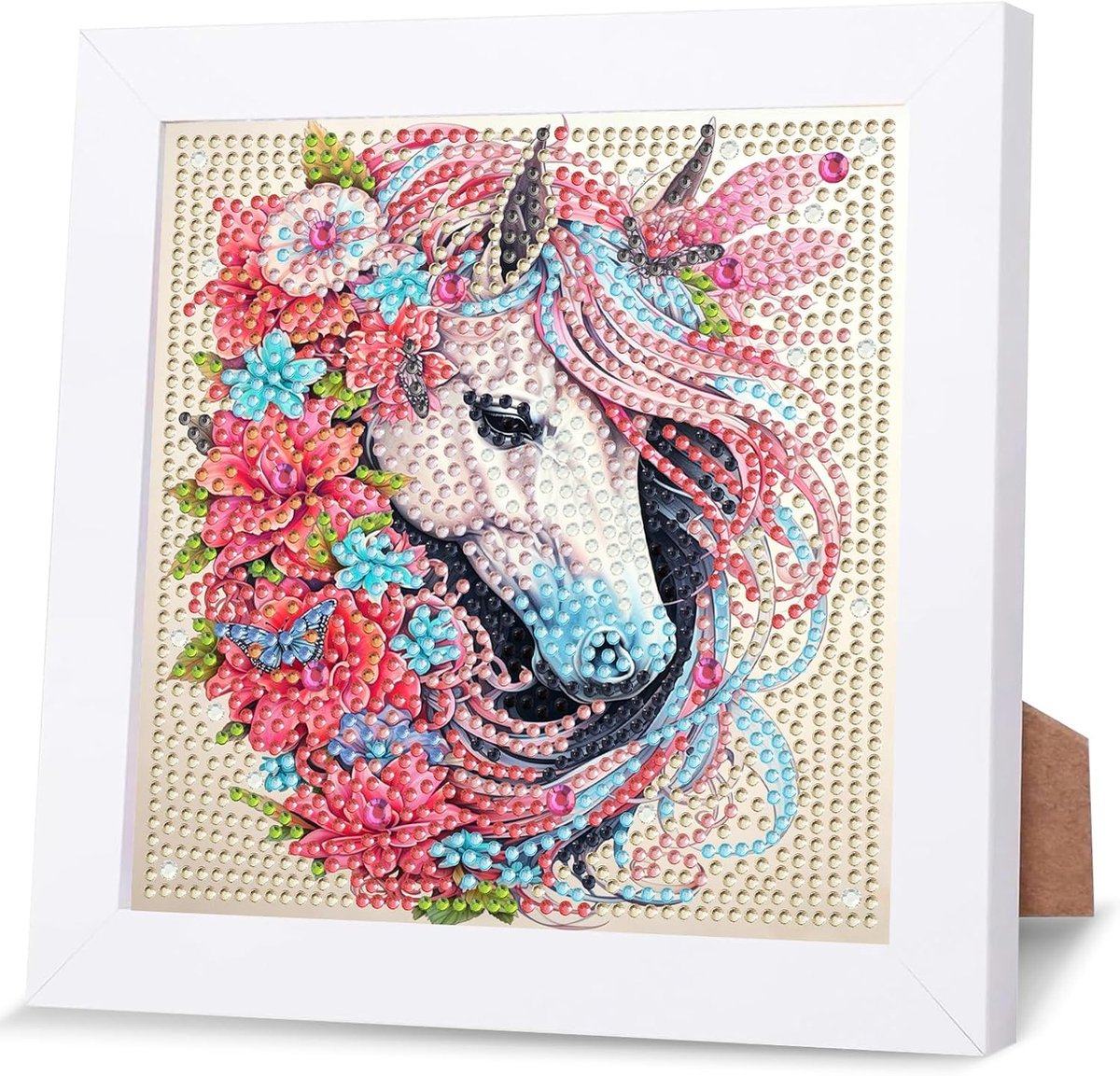 Diamant schilderij kit paard met bloemen - met frame - creatieve hobby - geschikt voor kinderen van 4-12 jaar - ShopVlot