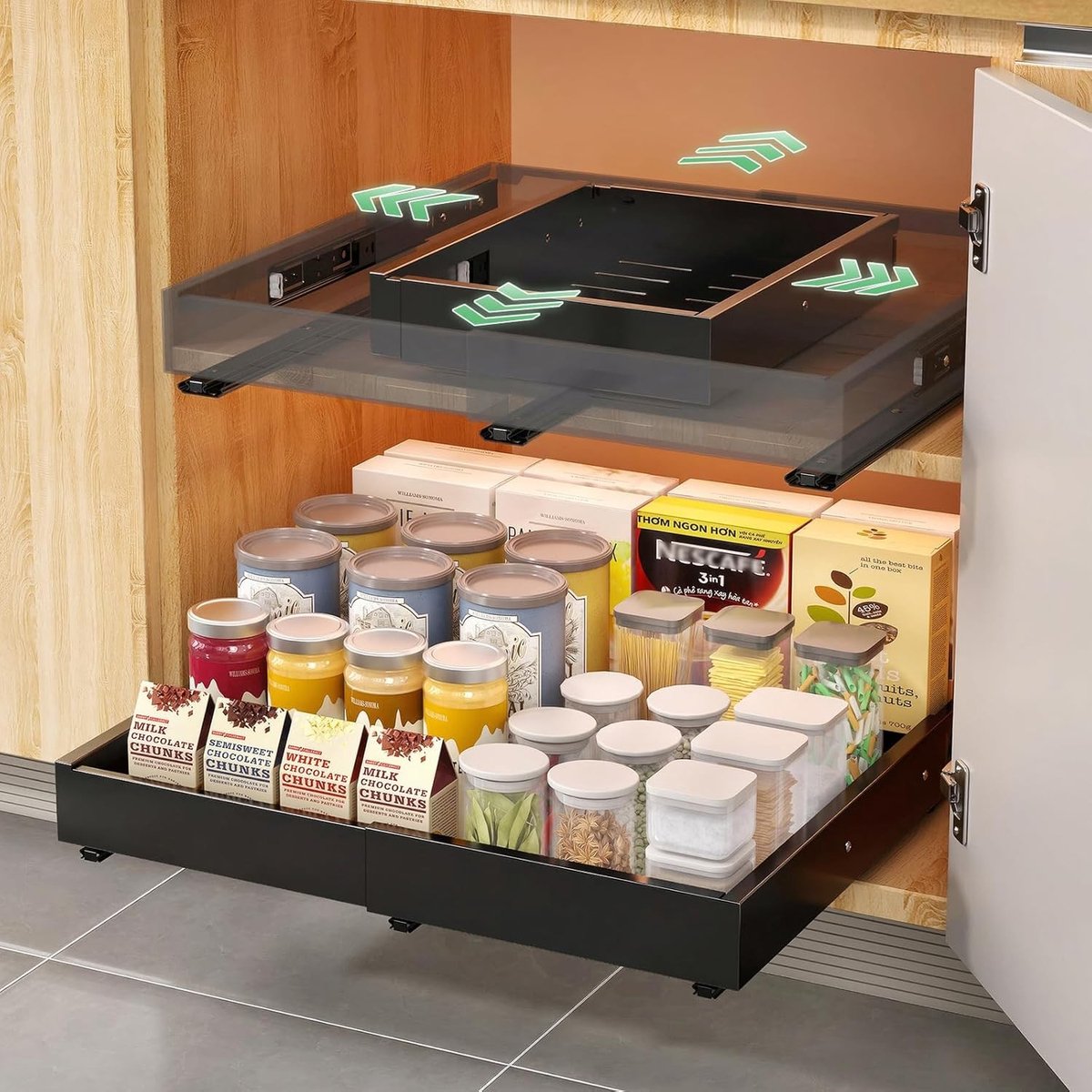 Telescopische ladeset voor keuken, 4-voudig verstelbare uittrekbare lades, zonder boren of spijkers, 32-53 cm breed, 42-24 mm diep, perfect voor keukenkastorganizer en ladeorganizer
