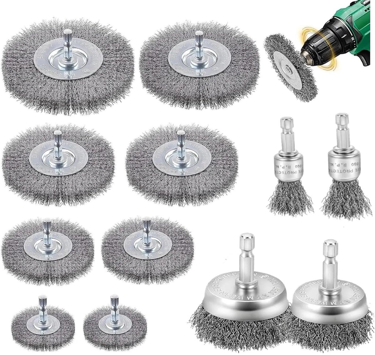 Draadborstelset 12 stuks - 6 mm zeskantstang - metalen borstels - ideaal voor ontroesten en reinigen - ShopVlot