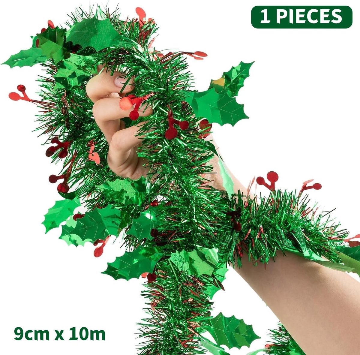 Tinsel garland 10M - rode bes en hulstbladeren - glanzend met glitter - voor kerstdecoratie - ShopVlot