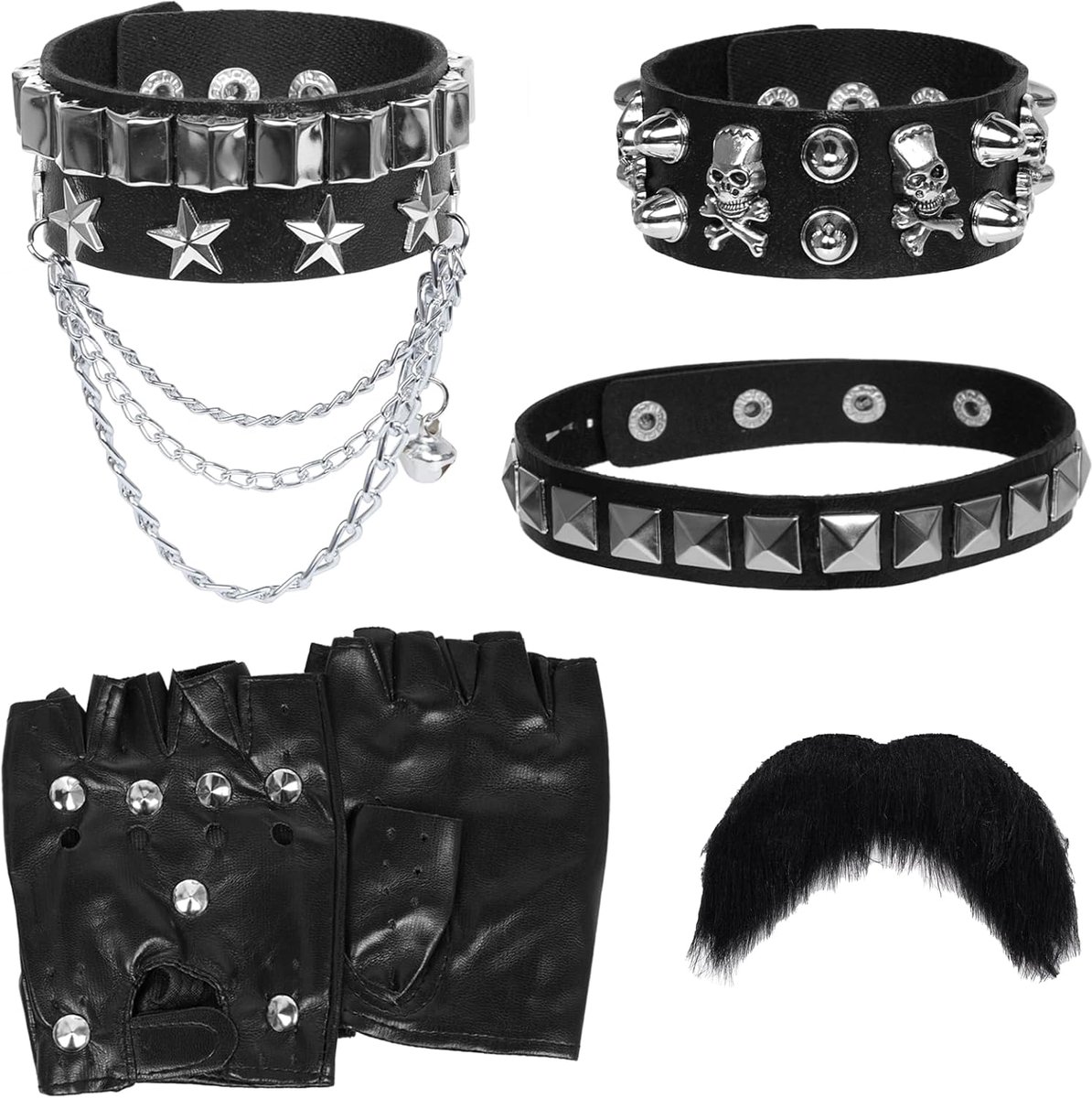 Punk accessoires set 6-delig - zwarte leren handschoenen - verstelbare halsband - perfect voor grunge kostuum - ShopVlot