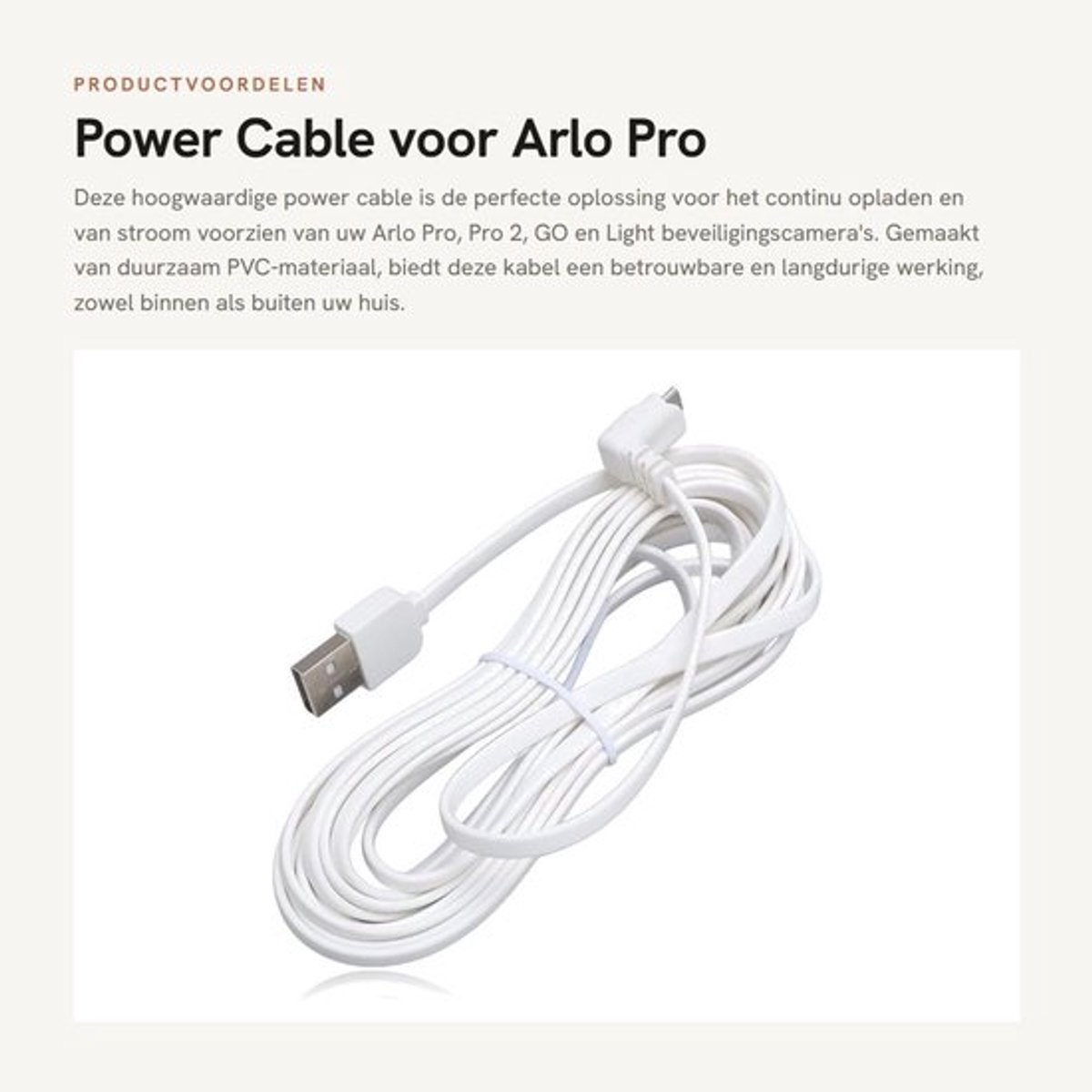 Power Cable voor Arlo Pro, Pro 2, GO & Light - Opladen & Voeden met USB Kabel