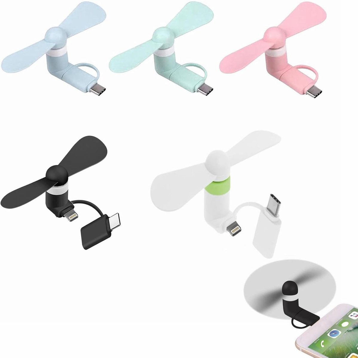 Mini USB-ventilator 2-in-1 - 5 Stuks in Zwart, Wit, Blauw, Groen en Roze - Draagbaar en Veilig - ShopVlot