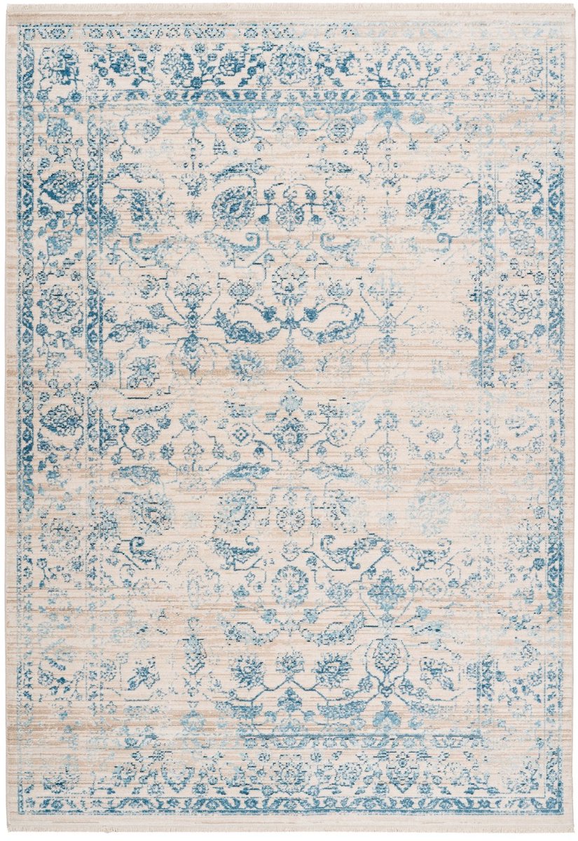 Padiro laagpolig vloerkleed 80 x 150 cm - creme / blauw - vintage oosters design - met franjes - geschikt voor vloerverwarming - van polypropyleen