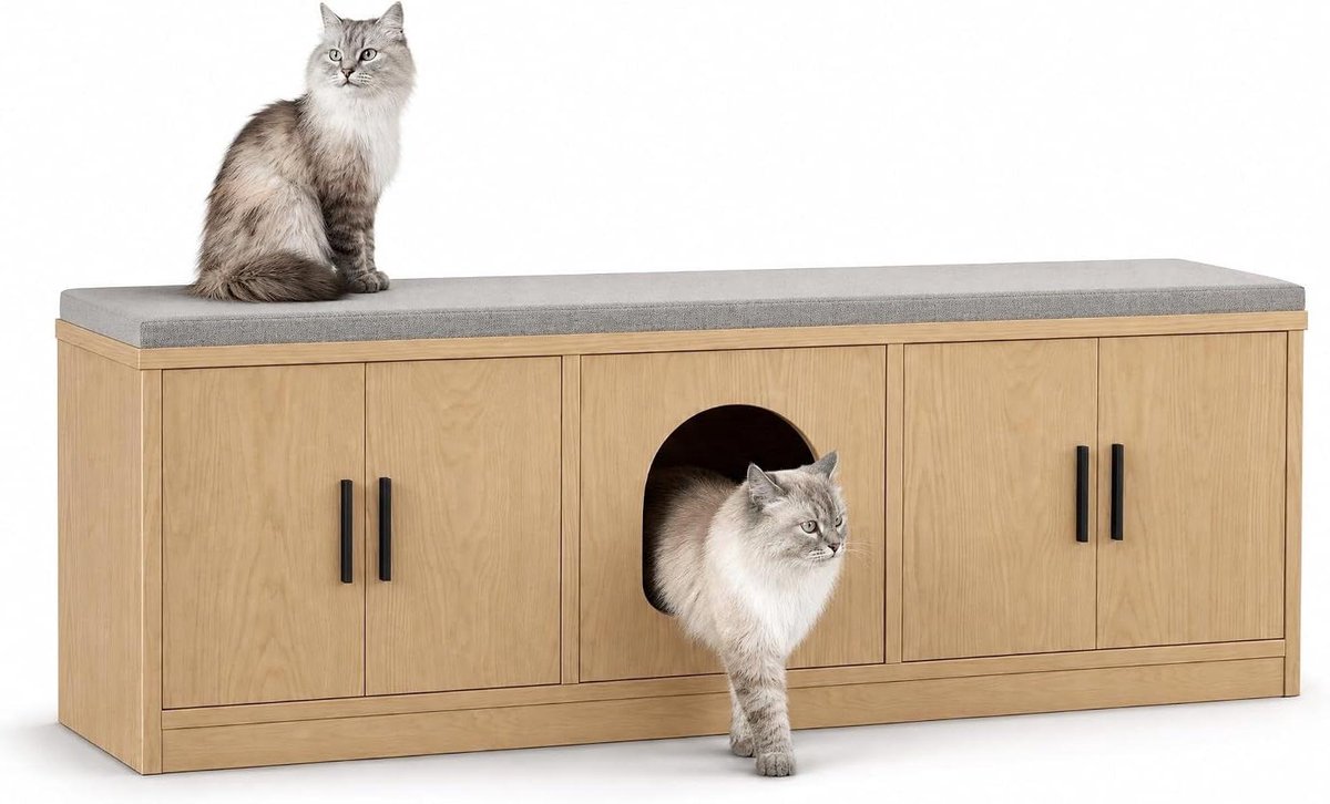 Kattenkast met Krabpaal - Kattenmeubel Verborgen Bak - Katten Welzijn - Geïntegreerde Ventilatie - 140 cm Hoog - Eiken