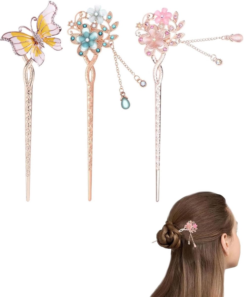 Haarstokjes set van 3 - Metalen haarspelden - Vintage design - Perfect voor haarknotten - ShopVlot