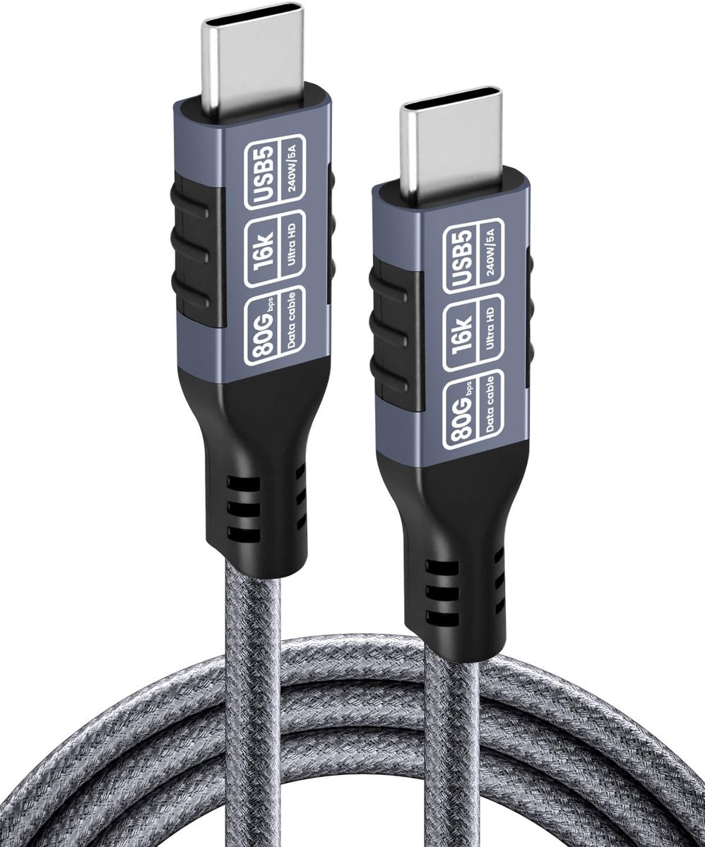 USB-C naar USB-C Kabel 1.5m - Thunderbolt 5 - 80Gbps Dataoverdracht - 16K Video-ondersteuning - ShopVlot