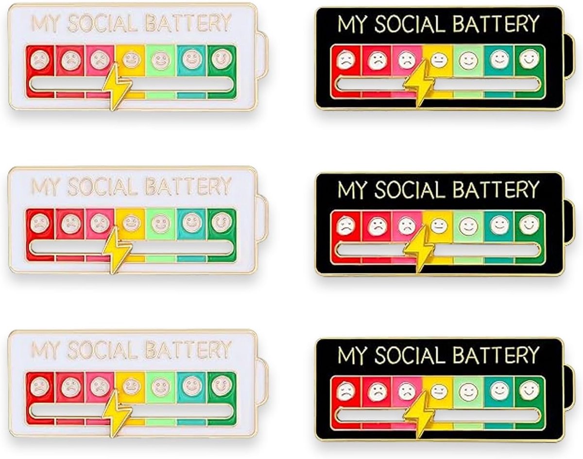 Sociale batterij pinnen set - 6 stuks - 2 ontwerpen - 7 emoties - leuk voor kleding en tassen - ShopVlot