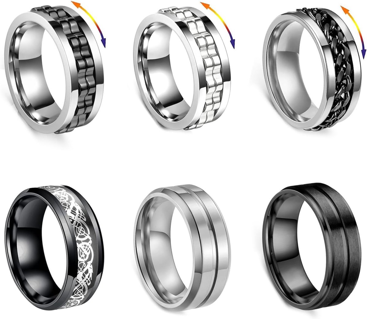 Spinnerringen voor heren 8 mm - roestvrij staal - zwarte spinnerketting - stijlvolle set voor mannen en vrouwen - ShopVlot