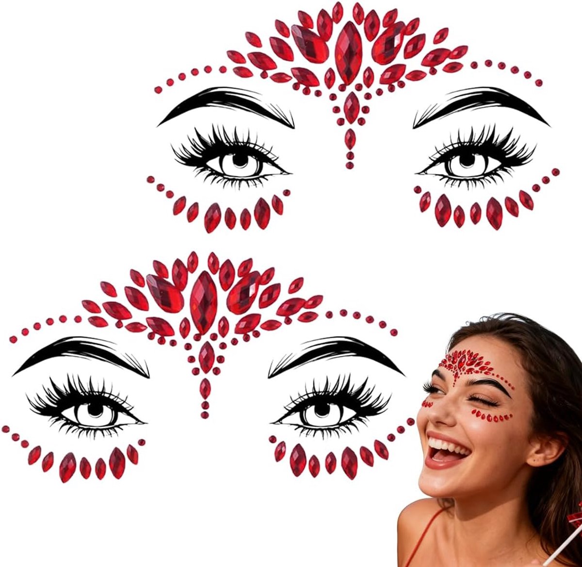 Rhinestones voor gezicht - set van 2 rode stenen - glanzende decoratie - eenvoudig aan te brengen voor feestmake-up - ShopVlot
