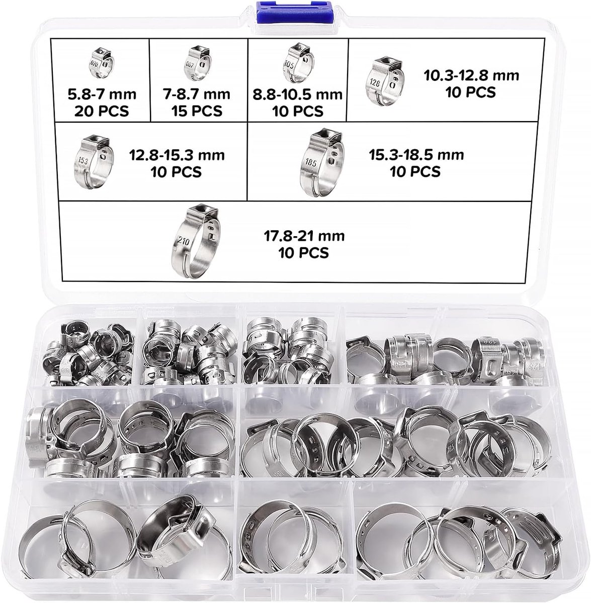 85 Pieces 7 Sizes 5.8-21mm Set Hose Clamps with One Ear, Stainless Steel Hose Clamps with One Ear Stepless, Stepless - ShopVlot