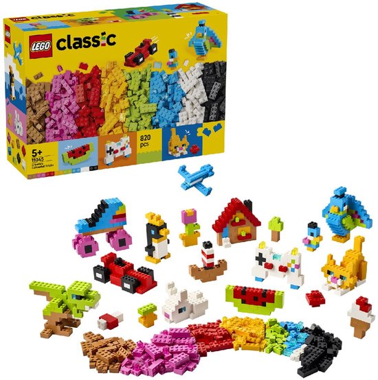 LEGO Classic 820 stuks, met o.a. een dinosaurus, huisje, auto, vogel en veel kleuren stenen.