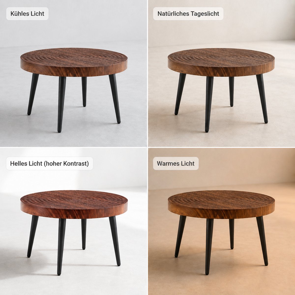 Ronde Salontafel 60 cm - Bijzettafel Met 5 cm Dik Houten Blad En Zwarte Metalen Poten Walnoot
