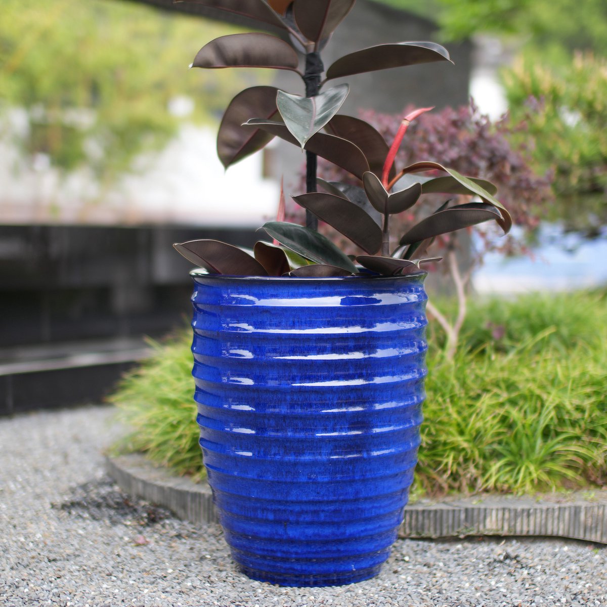 Handgemaakte Keramische Plantenpot 42x54 cm - Grote Bloempot Met Rillenstructuur En Afvoergaten - Vorstbestendig Saffierblauw