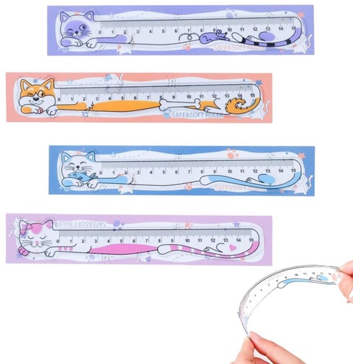 Linialen Set - 4 Stuks - Flexibel - 15 cm - Kattenmotief - Hoogwaardig PET - Geschikt voor Kinderen en Studenten - Meetlat