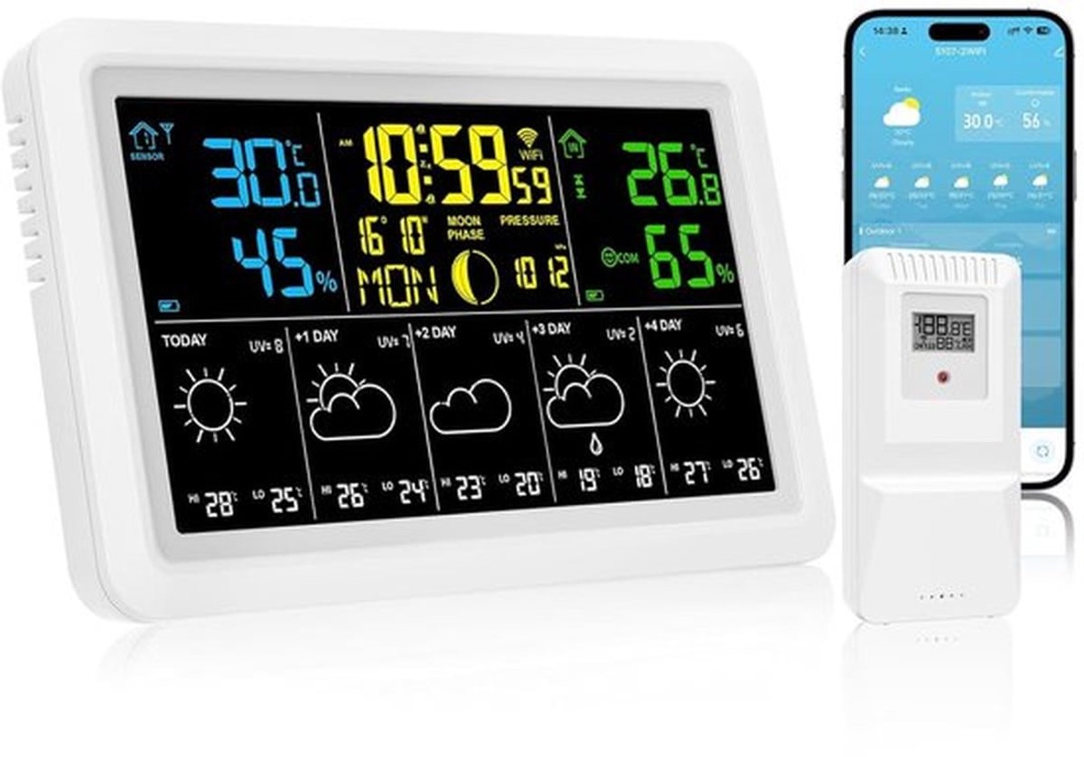 SnelShoppen - Draadloos Weerstation met Buiten Sensor, Radio Klok, Groot Kleuren Display, Binnen en Buiten Temperatuur/Humidity, Dimbare Verlichting e