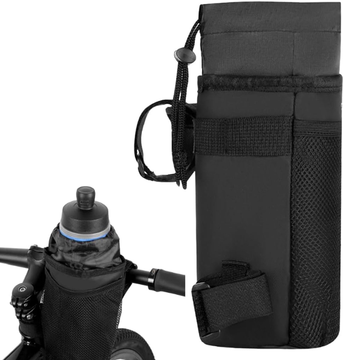 Fietsflessenhouder met netvak - thermosfleshouder - afneembare antislip riemen - ideaal voor fiets en kinderwagen - ShopVlot