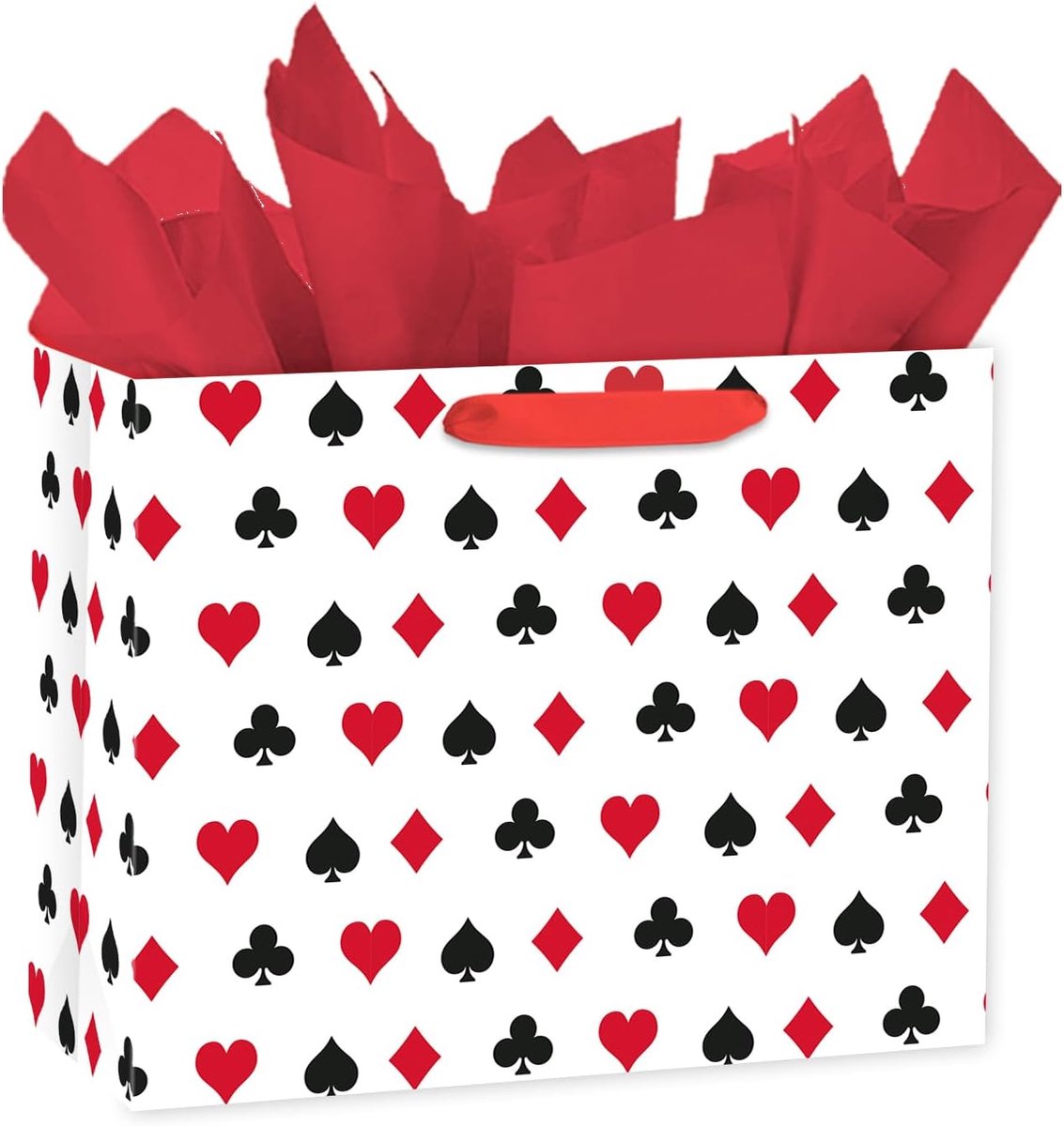 Poker geschenkzakje 13 inch - rood en zwart speelkaarten - met bijpassend zijdepapier - perfect voor pokerfeesten - ShopVlot