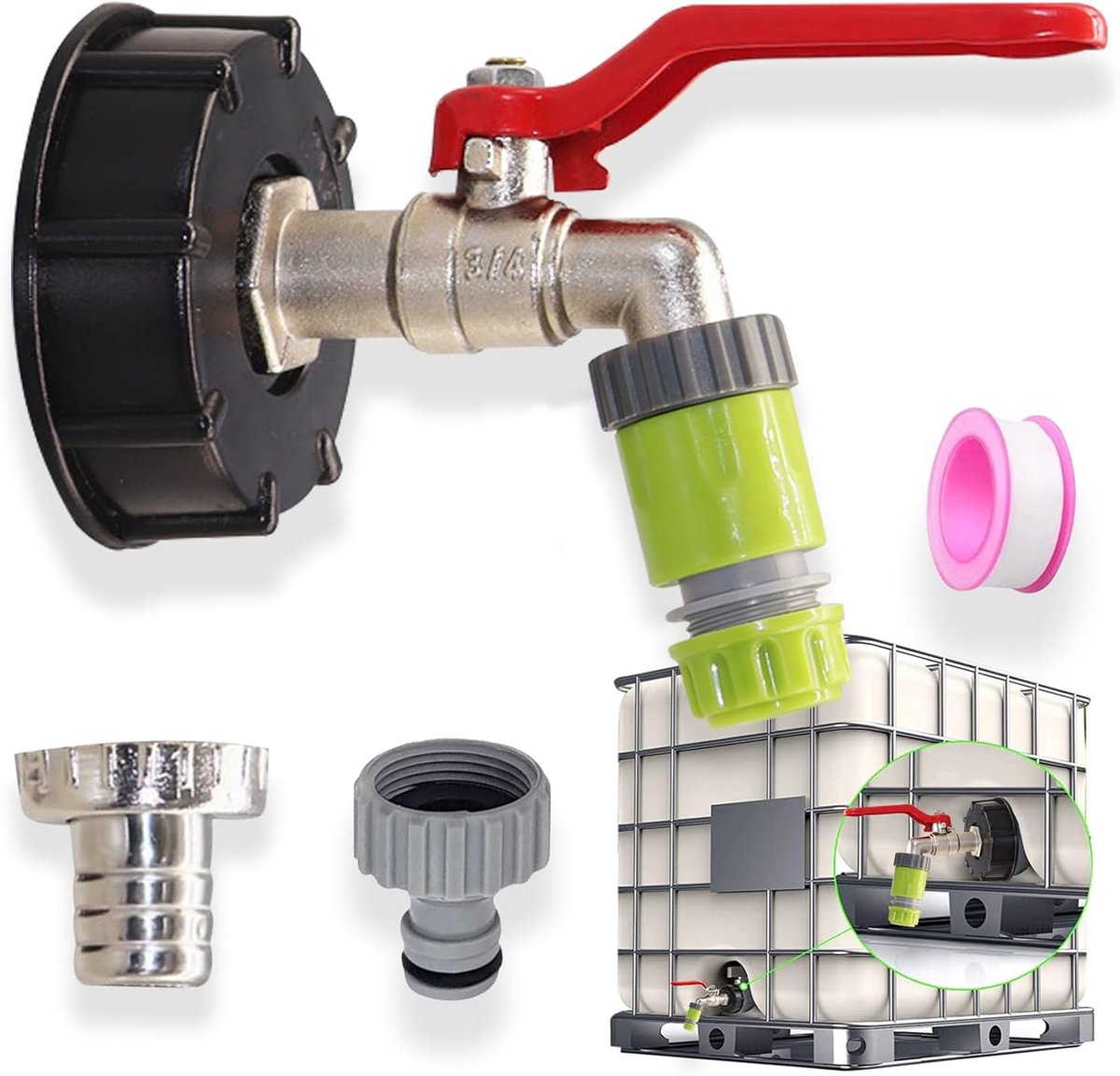 IBC Tank Accessories, 3/4 Inch IBC Spout Tap, IBC Ball Valve, Tank Adapter with Hose Connection, 1000 L Water Tank - ShopVlot
