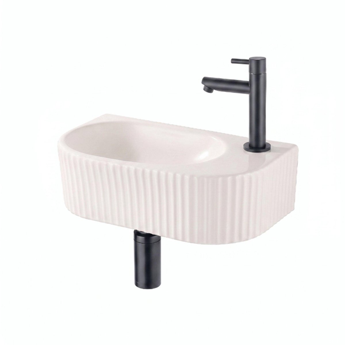 QeramiQ Fuente fonteinset – halfrond – 40x22x12 cm – kraangat rechts – mat zwarte kraan – geribbeld