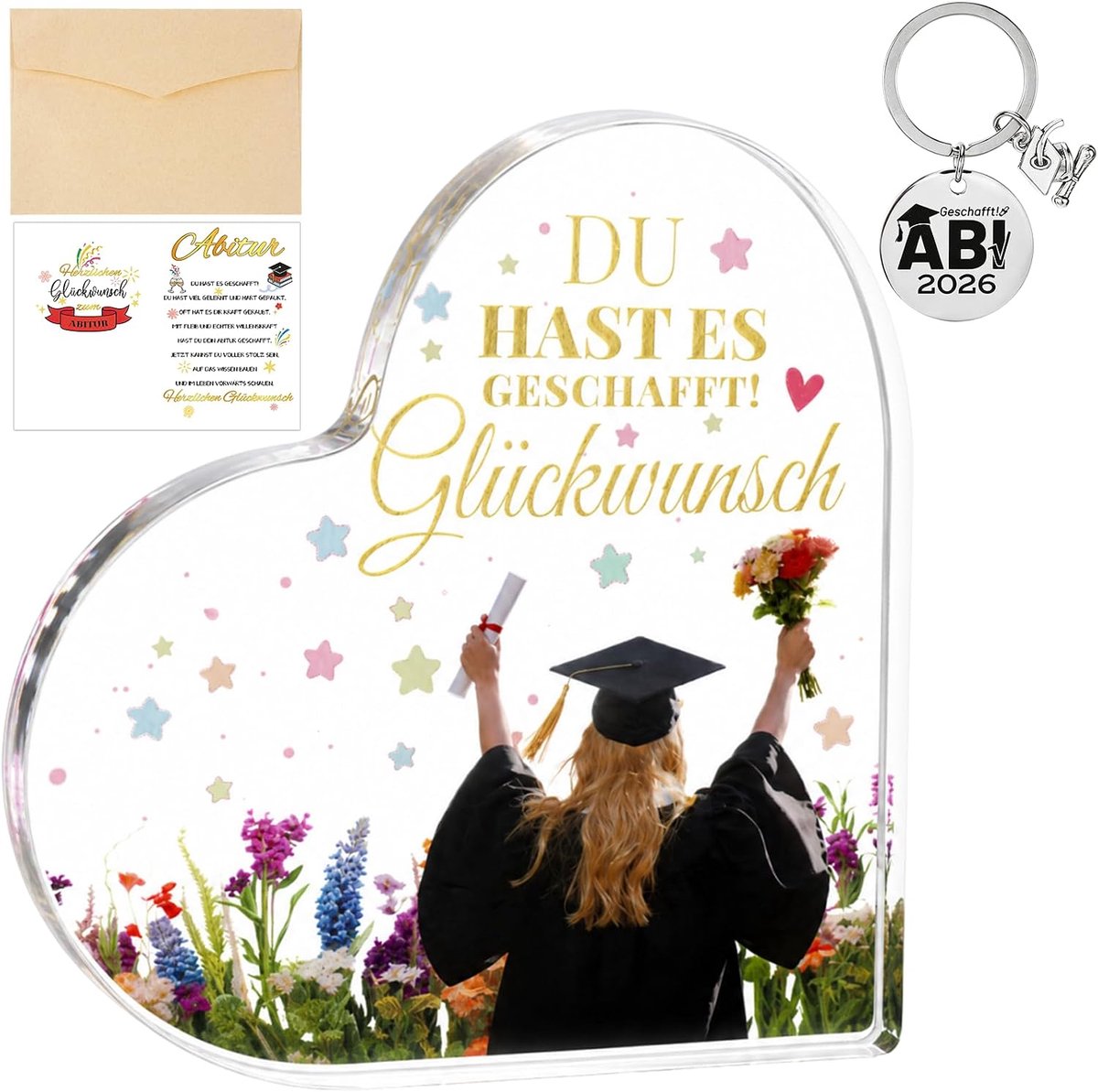 4-delige cadeauset voor afstuderen 2026, met acryl hart, kaart, envelop en sleutelhanger, cadeau voor afgestudeerden - ShopVlot