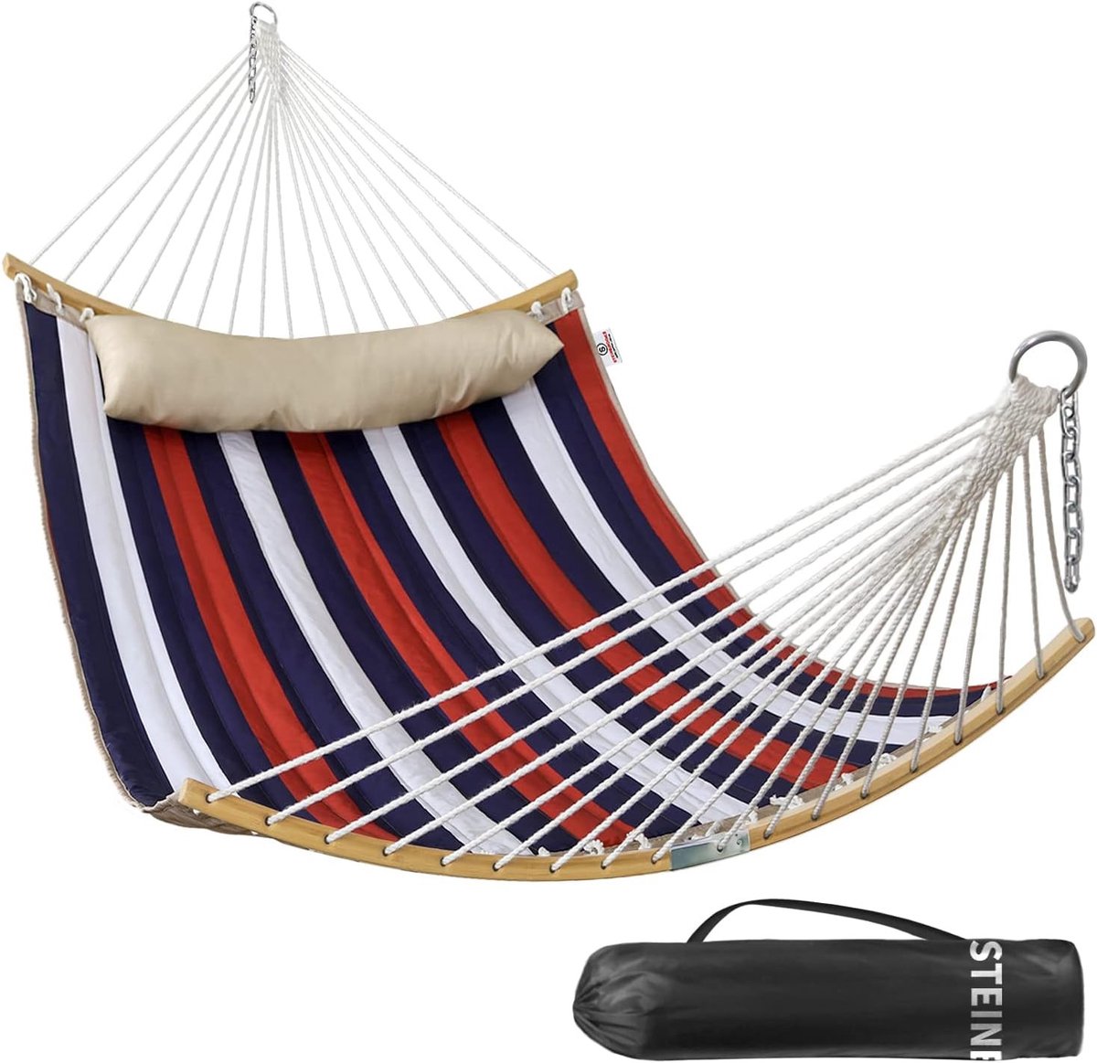 Dubbele Hangmat - Trinidad Rood - 11 FT - Gewatteerde Stof met Opvouwbare Spreidstang - Voor 2 Personen