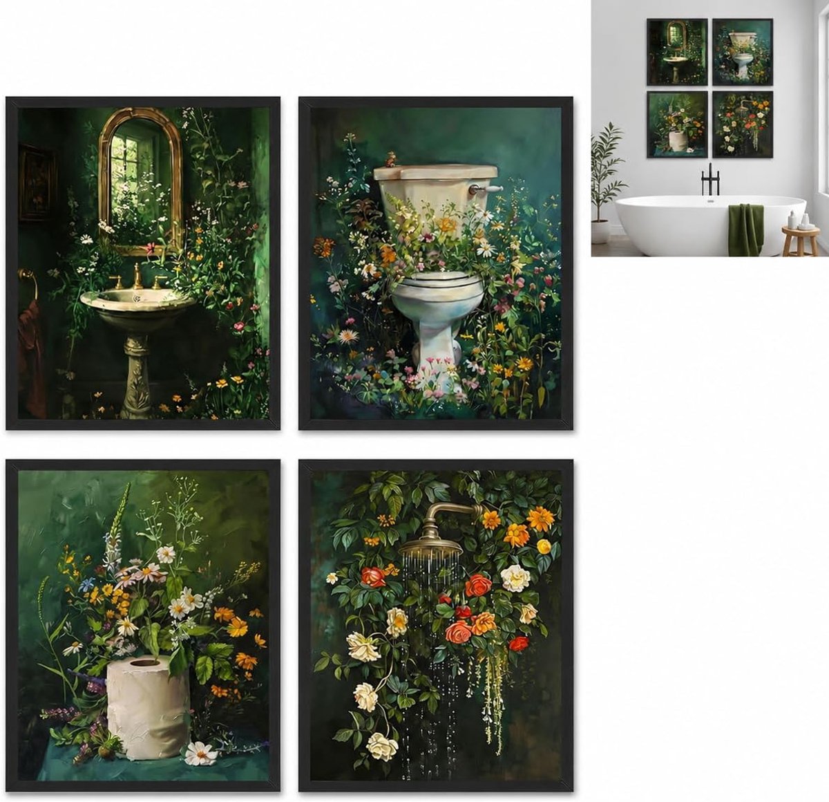 Wandbeelden badkamer 20x25 cm - donkergroen - Blütenmotief - modern wanddecor voor toilet en wastafel - ShopVlot